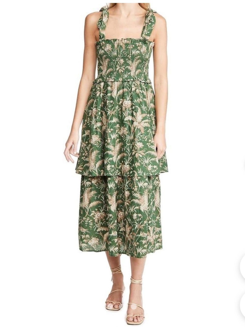 Rebecca Taylor Green Botanical Tiered Midi Dress with Tie Straps